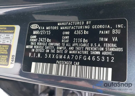 2015 Kia Optima Lx z USA, uszkodzony, nr VIN 5XXGM4A70FG465312